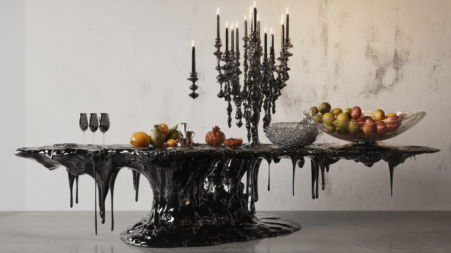A surrealist dining table featuring a levitating candelabra dripping with wax, distorted wine glasses, and an elongated fruit bowl, echoing Salvador Dal۪̉s dreamlike aesthetic. --ar 16:9 --v 6.1 A surrealist dining table featuring a levitating candelabra dripping with wax, distorted wine glasses, and an elongated fruit bowl, echoing Salvador Dal۪̉s dreamlike aesthetic. --ar 16:9 --v 6.1