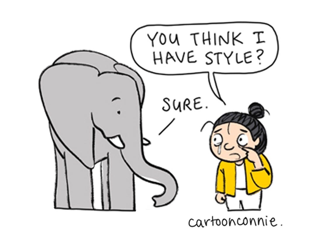 Panel 5 of a 6-panel comic strip about our mistakes and imperfections and how they make us unique and give us style. Titled "All My Mistakes," 2026, by Connie Sun, cartoonconnie.
