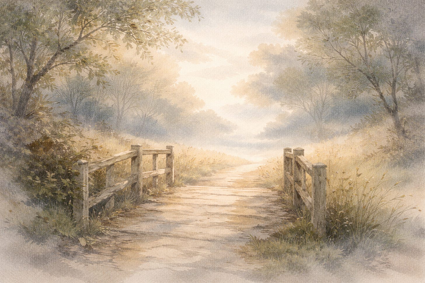 Soft watercolor of a sunlit path crossing a small wooden bridge into misty trees, symbolizing moving forward at a crossroads with reflection, choice, and new beginnings. Soft watercolor of a sunlit path crossing a small wooden bridge into misty trees, symbolizing moving forward at a crossroads with reflection, choice, and new beginnings.