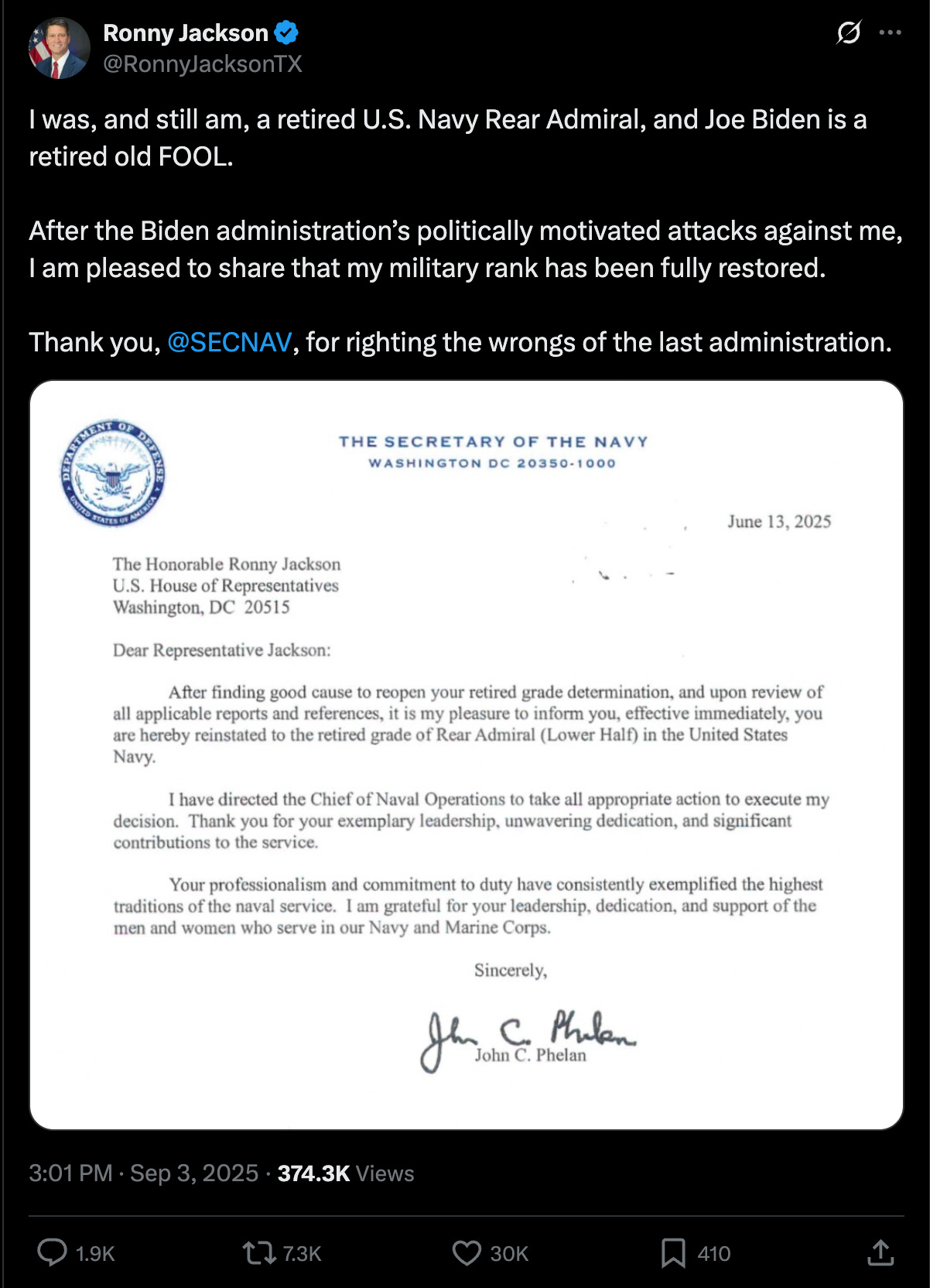 Jackson: I was, and still am, a retired U.S. Navy Rear Admiral, and Joe Biden is a retired old FOOL. After the Biden administration’s politically motivated attacks against me, I am pleased to share that my military rank has been fully restored. Thank you, @SECNAV , for righting the wrongs of the last administration. Jackson: I was, and still am, a retired U.S. Navy Rear Admiral, and Joe Biden is a retired old FOOL. After the Biden administration’s politically motivated attacks against me, I am pleased to share that my military rank has been fully restored. Thank you, @SECNAV , for righting the wrongs of the last administration.