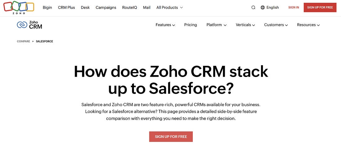 Zoho CRM comparison landing page with headline: “How does Zoho CRM stack up to Salesforce?” Zoho CRM comparison landing page with headline: “How does Zoho CRM stack up to Salesforce?”