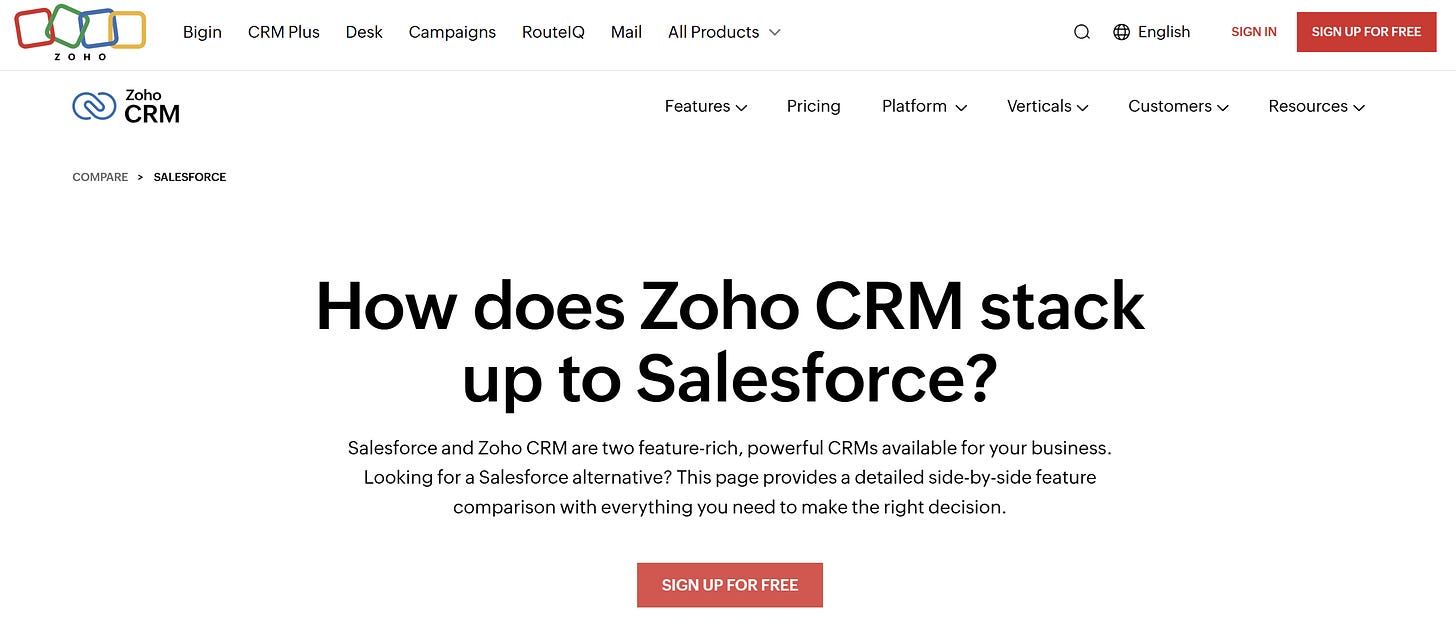 Zoho CRM comparison landing page with headline: “How does Zoho CRM stack up to Salesforce?”