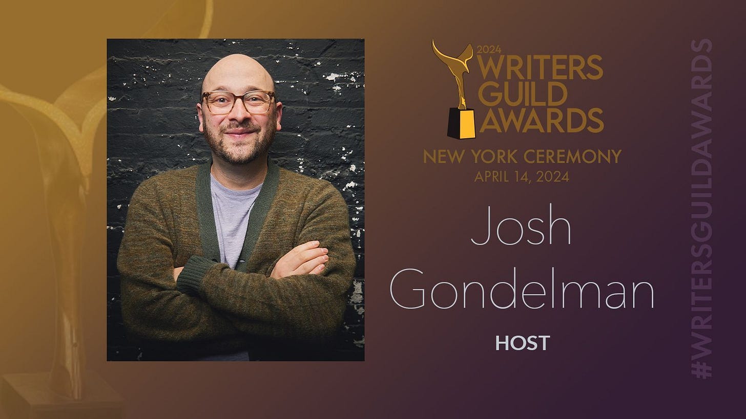 Writers Guild Awards host announcement graphic.