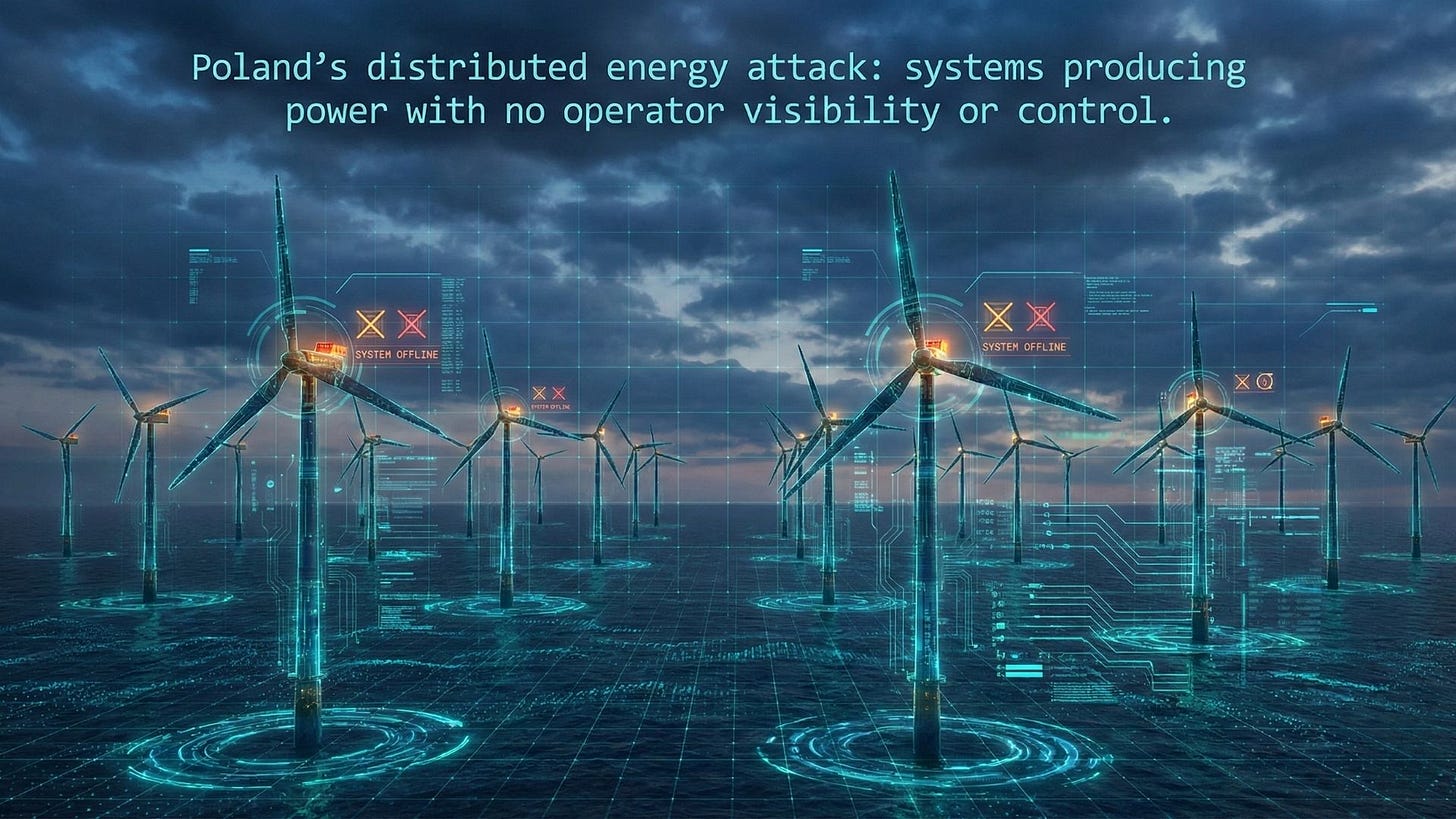 Wind turbines at dusk with digital data overlays showing some systems in warning state, representing the cyberattack on Polish distributed energy resources.