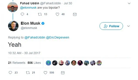 Musk doing a Nazi salute at President Trumps inauguration. A collection of tweets about bipolar, ketamine prescribed for depression, obsessive 24/7 tweeting, GLP1 drugs and child 14.