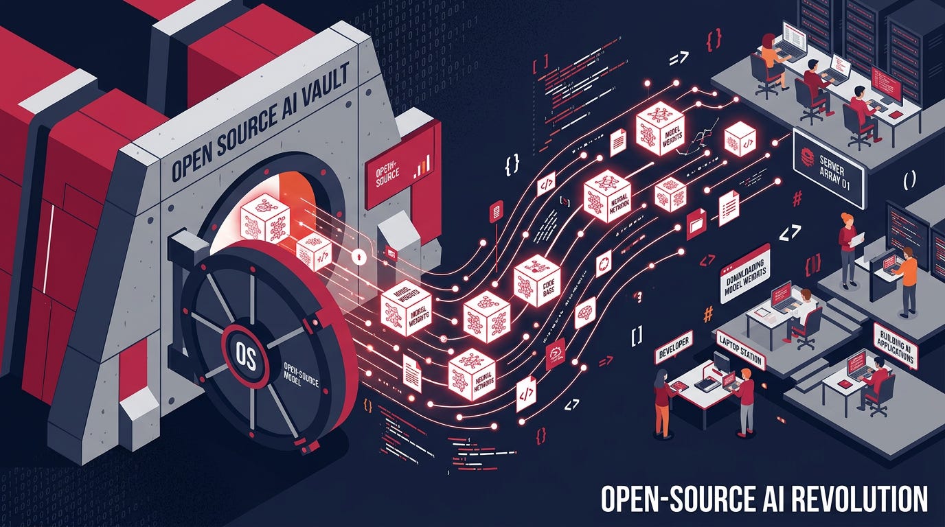Flat isometric illustration of a colossal AI vault opening to release an enormous open-source model into the world, glowing neural network cubes flowing freely toward developers while tiny engineers download model weights onto servers and laptops, coding symbols floating throughout the scene, crimson red, white and dark navy colour palette, clean vector art style, dark background, modern tech editorial aesthetic. Flat isometric illustration of a colossal AI vault opening to release an enormous open-source model into the world, glowing neural network cubes flowing freely toward developers while tiny engineers download model weights onto servers and laptops, coding symbols floating throughout the scene, crimson red, white and dark navy colour palette, clean vector art style, dark background, modern tech editorial aesthetic.