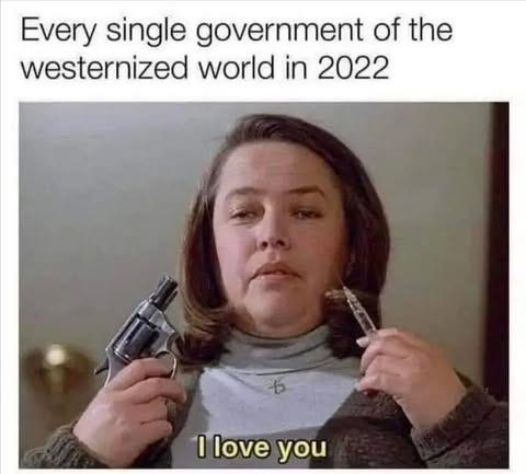 May be an image of 1 person and text that says 'Every single government of the westernized world in 2022 1loveyou I love you'