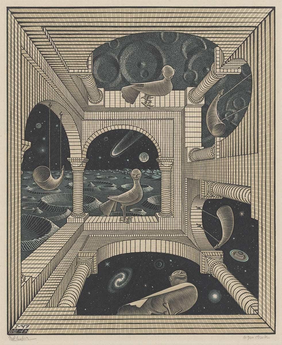 M.C. Escher, Other world, wood engraving and woodcut in black, reddish brown and green, printed from three blocks, January 1947