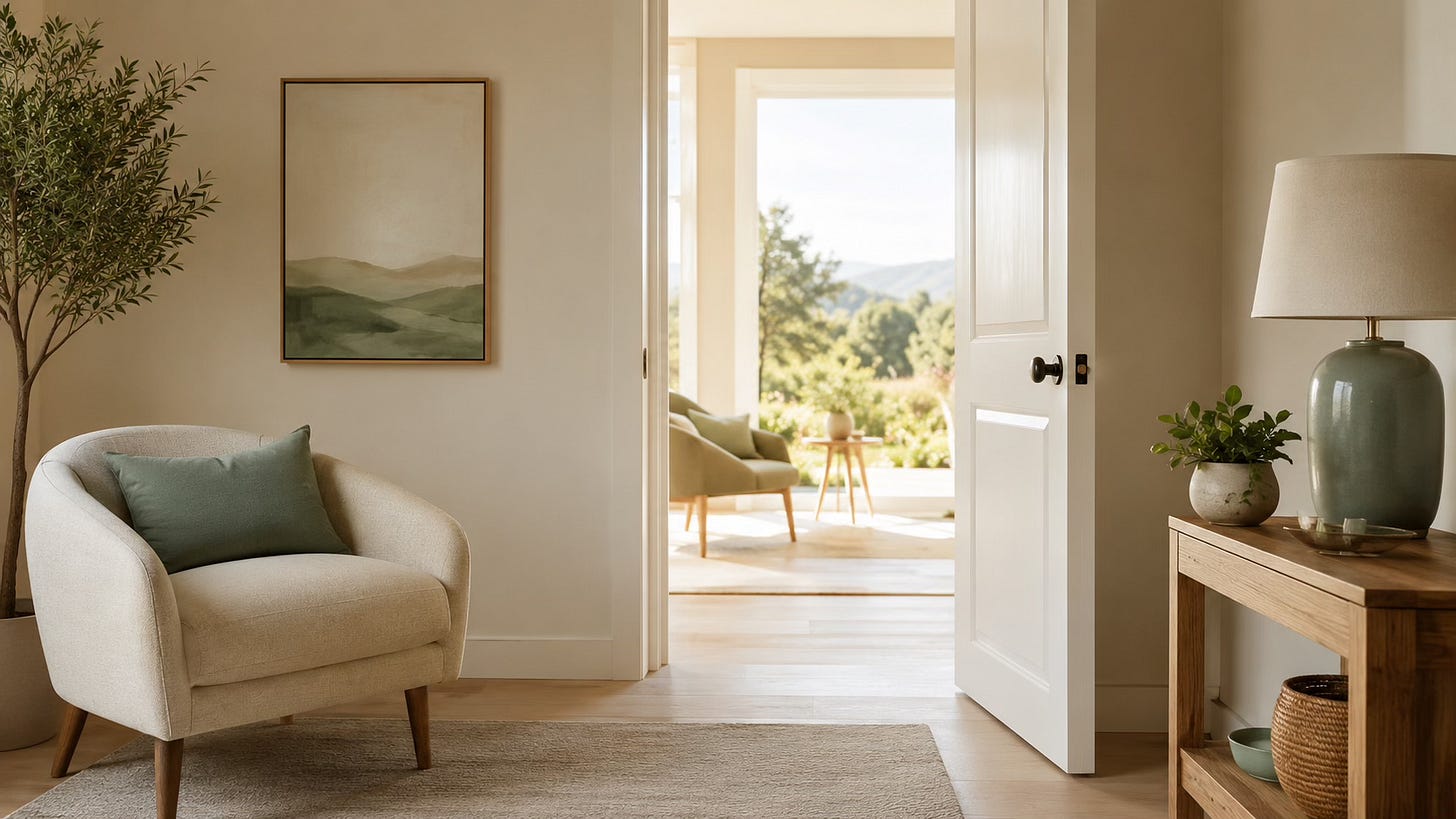 Softly lit open doorway leading into a brighter, peaceful space.
