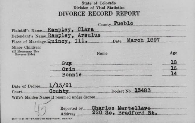 May be an image of text that says 'State of Colorado Division of Vital Statistics DIVORCE RECORD REPORT County. Pueblo Plaintifl's Name.... Rampley, Defendant's Name..Ramplej, Name. Place of Marriage.. Marriage.Quincy, Quincy Ill Minor Children: （Ⅱ Necessary Use Reverse Side) Date. March 18.97 Name ....... .........rin Bonnie Age 18. 16. 14 Date of Decree. 1/13/21 Cou.r.............. Couhty Wife's Maiden Name if resumed under decree. Docket No... 15483 Reported by by...... Charles Martellare Address 220 220So So Bradford. St. 1以ー1-第1：3ー番RAOPOHD-ROBINSON DENVER'