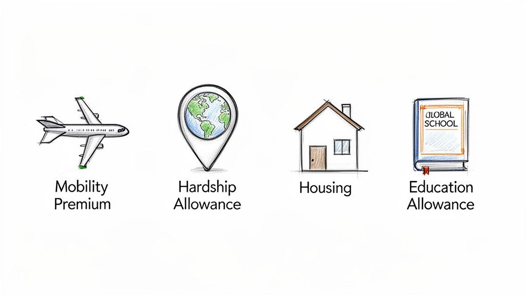 Four illustrations depicting global staff benefits: mobility premium, hardship allowance, housing, and education allowance. Four illustrations depicting global staff benefits: mobility premium, hardship allowance, housing, and education allowance.