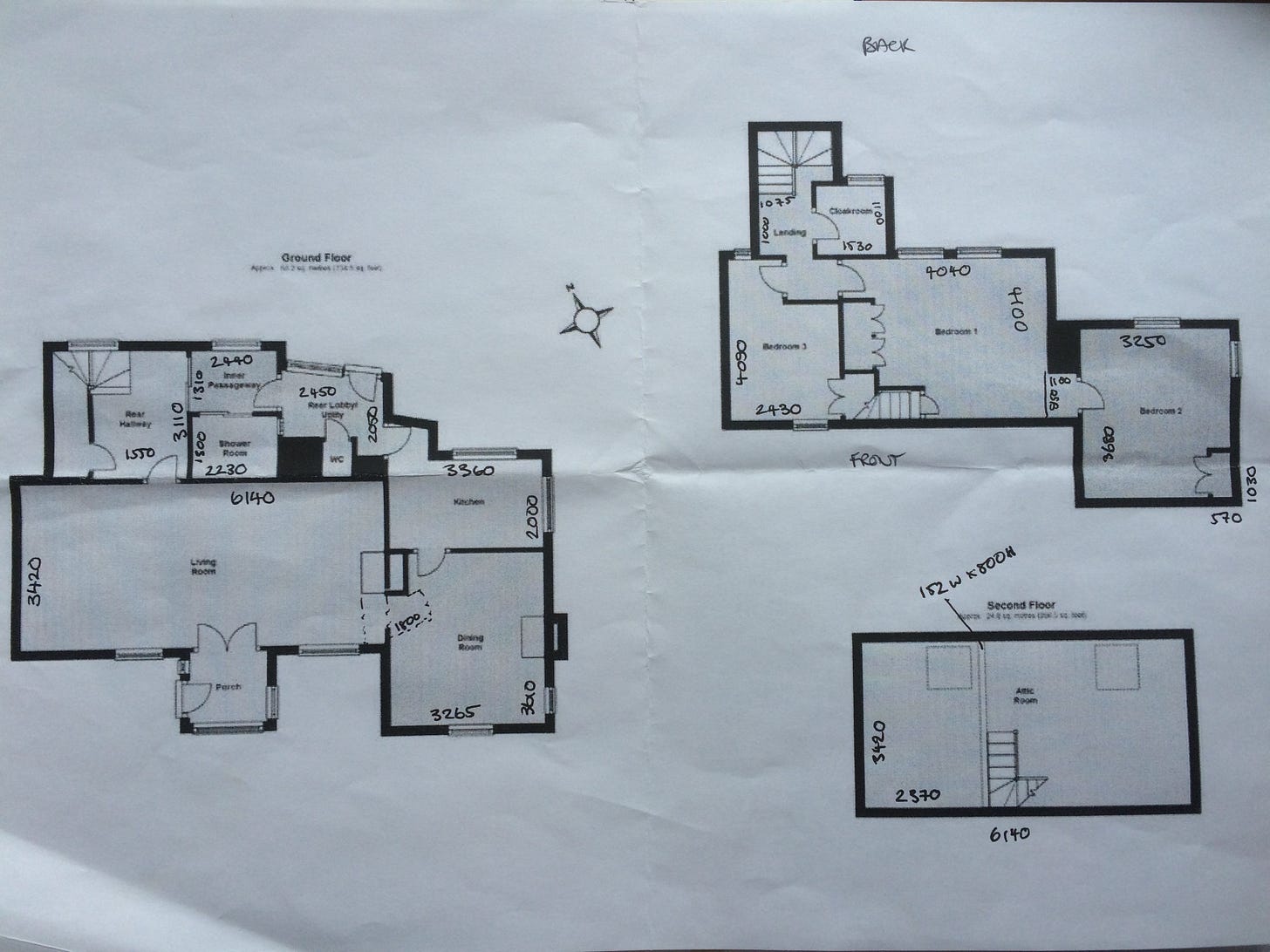 Floorplans showing the ground floor, first floor, and attic