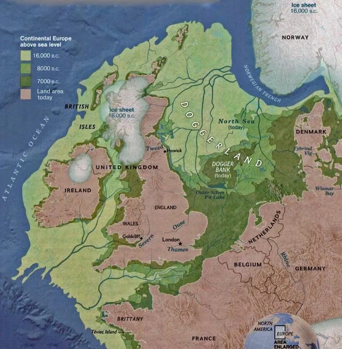The modern map of Britain, a separate island from mainland Europe, with green shading to show a land mass that used to connect the two 16,000, 8,000 and 7,000 years ago The modern map of Britain, a separate island from mainland Europe, with green shading to show a land mass that used to connect the two 16,000, 8,000 and 7,000 years ago