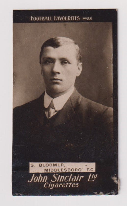 Cigarette card, John Sinclair, Football Favourites, type card, no 58, S. Bloomer, Middlesboro