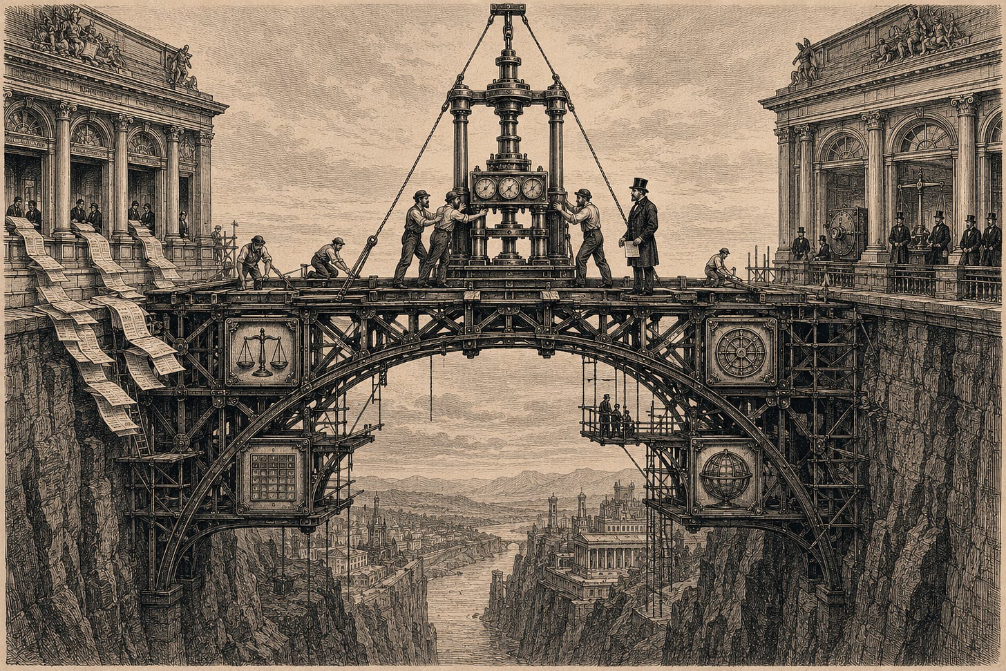 Wood-engraving editorial illustration in the Thomas Nast Harper's Weekly style for Attention Capital's essay The Pipes Aren't Built Yet. A monumental cast-iron and stone bridge under construction spans a deep chasm between two neoclassical chambers: on the left bank, the documented cash flow building with ledger pages cascading from its windows; on the right bank, the institutional credit market building with vault, balance instruments, and PE figures. At the bridge's keystone, Victorian-era engineers and a banker install a tall three-pillar standardization apparatus that anchors the entire span. Four inset plaques along the iron framework reference prior standardization franchises through graphic emblems for Moody's, FICO, Bloomberg, and MSCI. The image visualizes the essay's central argument that the methodology layer is the load-bearing innovation that bridges documented cash flow and rated paper, the franchise position Attention Capital is building with the Attention Quality Score. Keywords: methodology layer, standardization franchise, AQS, Attention Quality Score, FICO, Moody's, rated paper, credit infrastructure. Wood-engraving editorial illustration in the Thomas Nast Harper's Weekly style for Attention Capital's essay The Pipes Aren't Built Yet. A monumental cast-iron and stone bridge under construction spans a deep chasm between two neoclassical chambers: on the left bank, the documented cash flow building with ledger pages cascading from its windows; on the right bank, the institutional credit market building with vault, balance instruments, and PE figures. At the bridge's keystone, Victorian-era engineers and a banker install a tall three-pillar standardization apparatus that anchors the entire span. Four inset plaques along the iron framework reference prior standardization franchises through graphic emblems for Moody's, FICO, Bloomberg, and MSCI. The image visualizes the essay's central argument that the methodology layer is the load-bearing innovation that bridges documented cash flow and rated paper, the franchise position Attention Capital is building with the Attention Quality Score. Keywords: methodology layer, standardization franchise, AQS, Attention Quality Score, FICO, Moody's, rated paper, credit infrastructure.