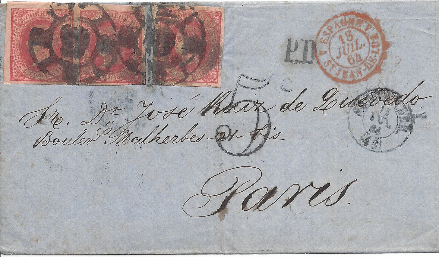 1864 prepaid letter from Spain to France