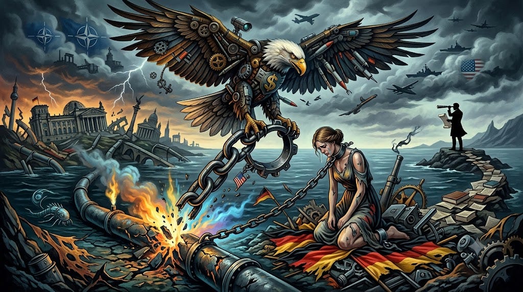 Illustration surréaliste horizontale montrant la mer Baltique sous un ciel sombre et orageux. Au premier plan, sous la surface, un immense gazoduc est brisé en deux sur le fond marin. La partie gauche porte les couleurs de la Russie et la partie droite celles de l’Allemagne. Une lumière orange s’échappe de la rupture, accompagnée de bulles remontant vers la surface. Au centre, une gigantesque figure humaine composée d’usines, de cheminées et de monuments allemands porte les couleurs noir, rouge et or. Elle est enchaînée et suspendue à des fils manipulés par une immense main dont la manche est ornée du drapeau usaméricain. À gauche apparaît dans la brume le visage spectral de Vladimir Poutine, accompagné de silhouettes évoquant Moscou. Des navires militaires naviguent entre les deux rives. L’ensemble symbolise la destruction de Nord Stream, la séparation énergétique entre la Russie et l’Allemagne et la dépendance accrue de l’Europe envers les USA. Illustration surréaliste horizontale montrant la mer Baltique sous un ciel sombre et orageux. Au premier plan, sous la surface, un immense gazoduc est brisé en deux sur le fond marin. La partie gauche porte les couleurs de la Russie et la partie droite celles de l’Allemagne. Une lumière orange s’échappe de la rupture, accompagnée de bulles remontant vers la surface. Au centre, une gigantesque figure humaine composée d’usines, de cheminées et de monuments allemands porte les couleurs noir, rouge et or. Elle est enchaînée et suspendue à des fils manipulés par une immense main dont la manche est ornée du drapeau usaméricain. À gauche apparaît dans la brume le visage spectral de Vladimir Poutine, accompagné de silhouettes évoquant Moscou. Des navires militaires naviguent entre les deux rives. L’ensemble symbolise la destruction de Nord Stream, la séparation énergétique entre la Russie et l’Allemagne et la dépendance accrue de l’Europe envers les USA.