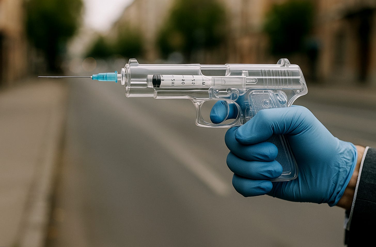 Hand with surgical glove holding a translucent vaccine delivery device in the shape of a gun. Hand with surgical glove holding a translucent vaccine delivery device in the shape of a gun.