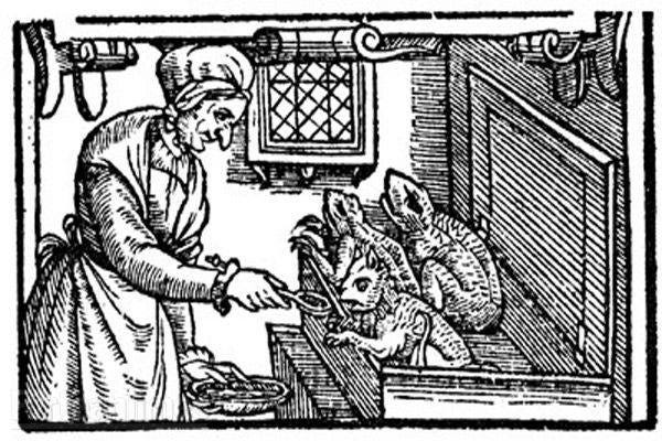 A woodcut of a woman feeding something to some things A woodcut of a woman feeding something to some things