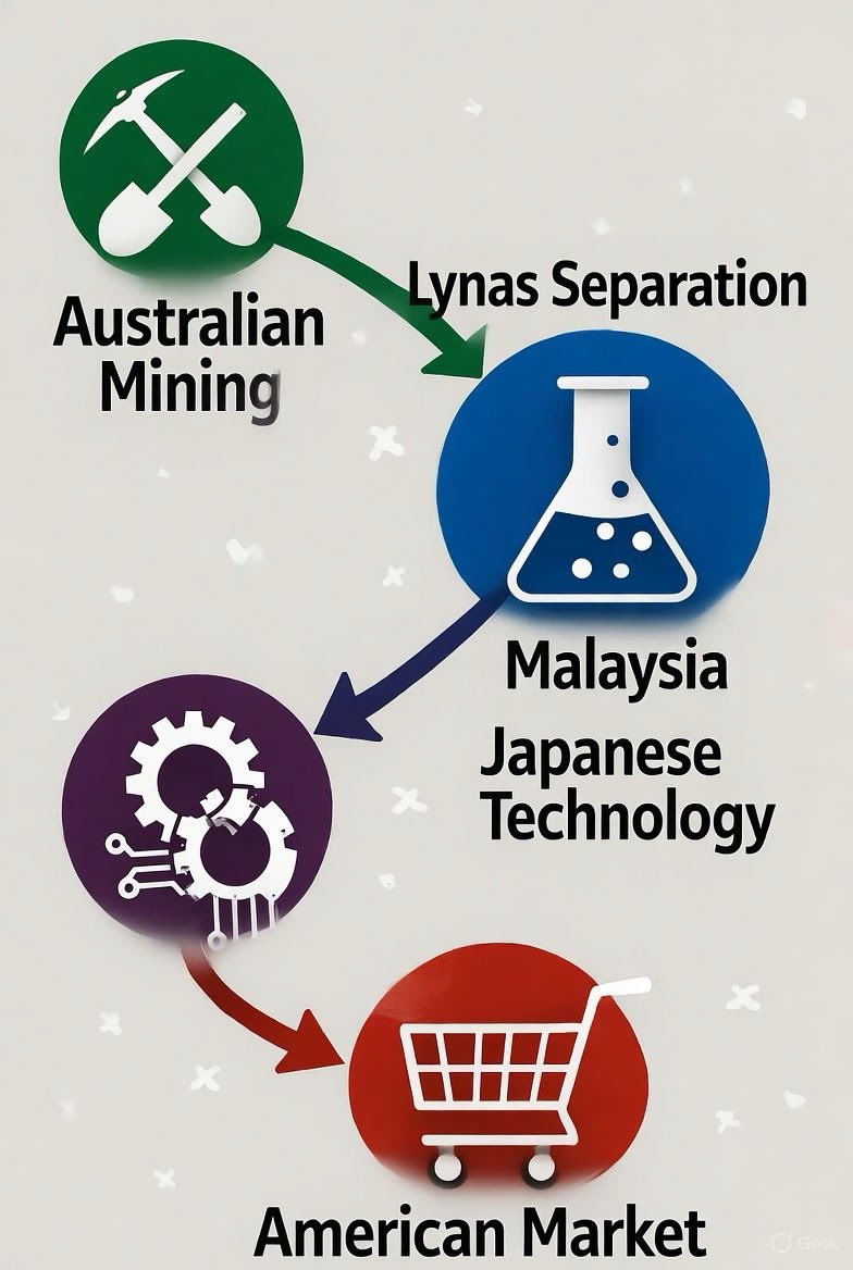 Infographic diagram with green shovel icons connected by arrows to blue flask icon labeled Lynas Separation in white text on light blue circle then arrow to purple gear icon connected to blue flask again labeled Malaysian Japanese Technology in purple and blue text on purple circle then red arrow to red shopping cart icon labeled American Market in red text on red circle with overall light background and simple line drawings representing mining separation technology and market flow