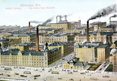 Postcard featuring the Schlitz Brewing company plant. Postcard featuring the Schlitz Brewing company plant.