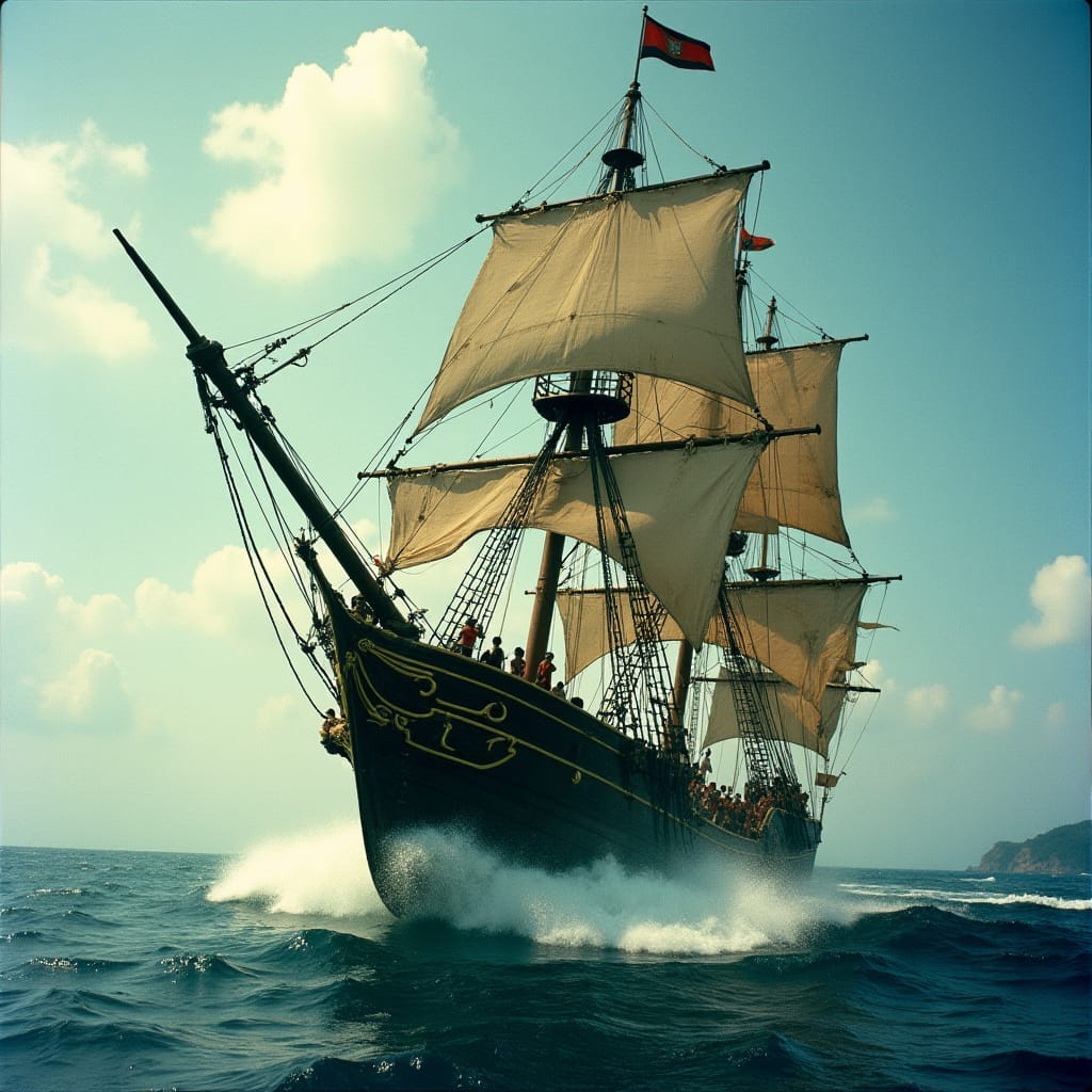 A dramatic 17th century Spanish galleon, its sails torn and tattered, crashes through the turbulent Caribbean waters off the coast of Jamaica, circa 1655-70, as Spanish conquistadors attempt to reclaim the island,