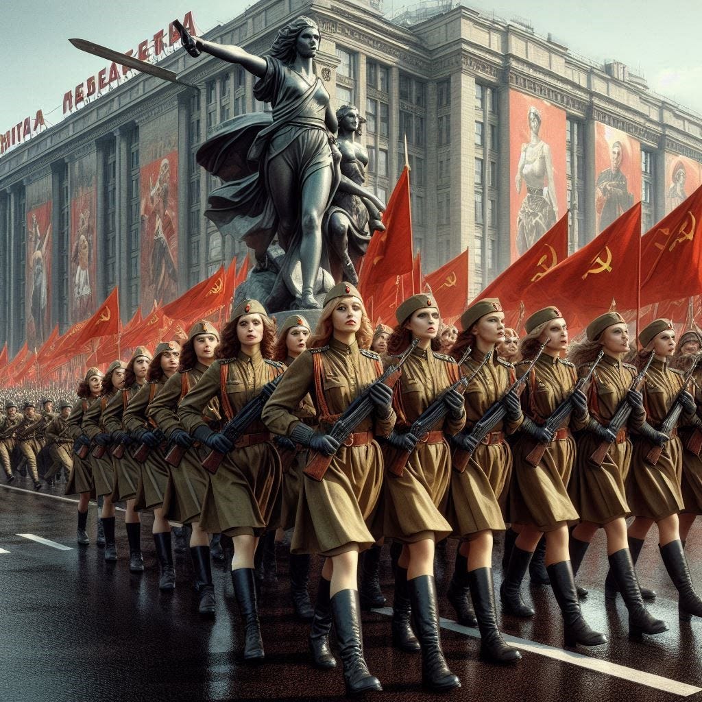 a military parade of fierce female soldiers in Moscow, Soviet Union, in the 1930s. soviet flags, posters and statues. photo-realistic