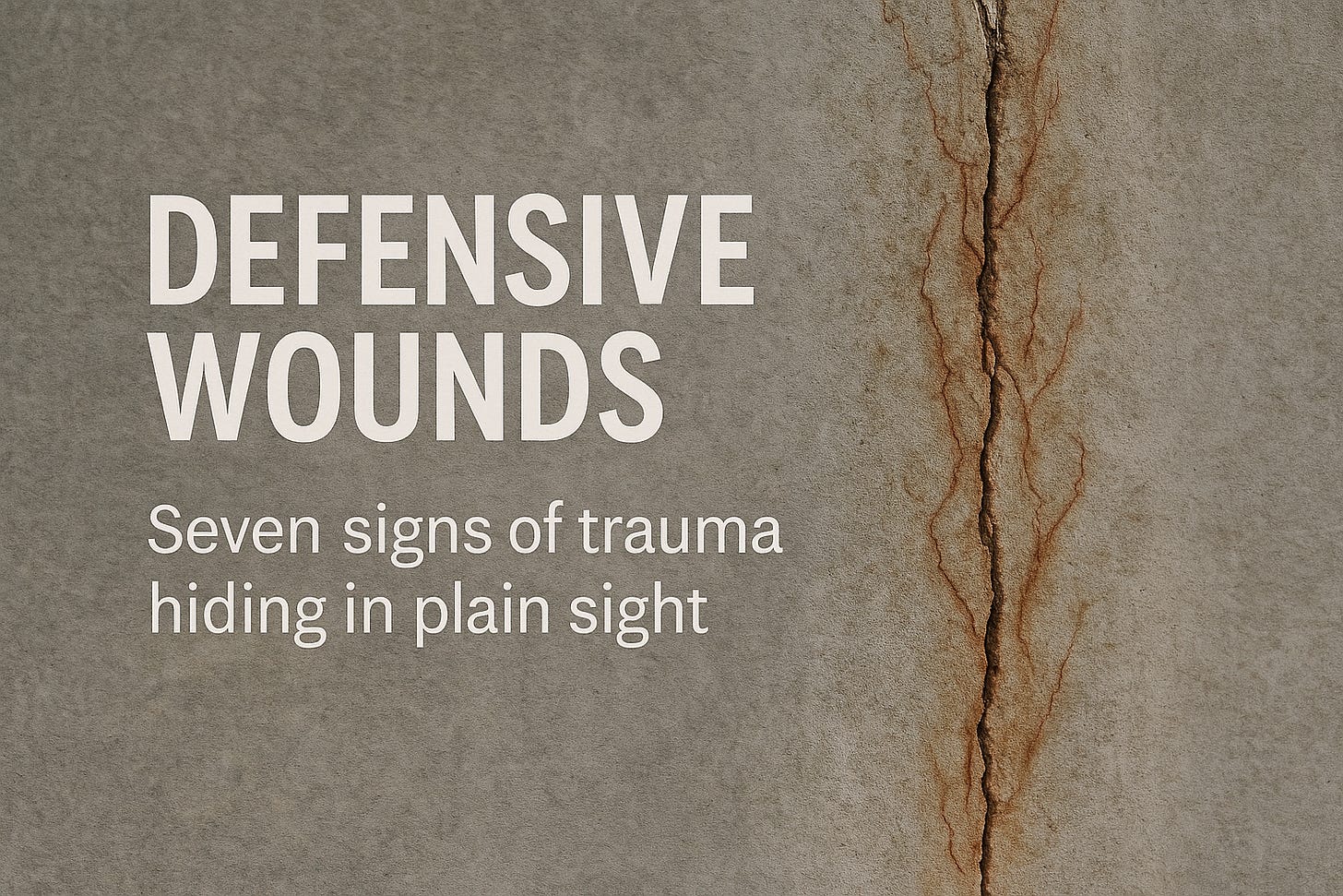 Banner image with a textured, weathered wall featuring a vertical crack resembling a wound. Subtle reddish-brown marks trail from the crack like branching scars. On the left side, bold white text reads: “Defensive Wounds – Seven signs of trauma hiding in plain sight.”