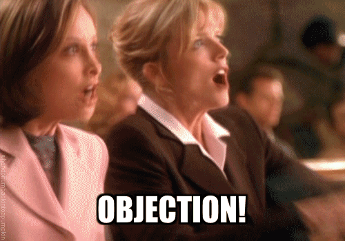 gifje van twee vrouwen die opstaan en objection roepen. Objection staat onderin in tekst