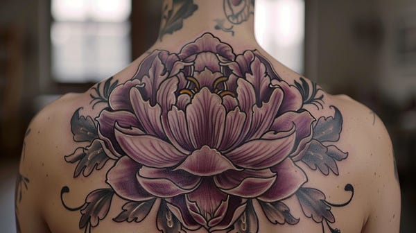 A large, typical purple floral tattoo covers a woman's back, showcasing an intricate and elegant design. The vibrant purple flowers and detailed patterns enhance her natural beauty, making the tattoo a striking and graceful piece of body art. A large, typical purple floral tattoo covers a woman's back, showcasing an intricate and elegant design. The vibrant purple flowers and detailed patterns enhance her natural beauty, making the tattoo a striking and graceful piece of body art.
