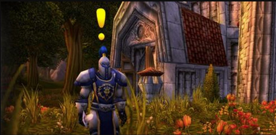 Picture of a World of Warcraft quest giver, which is indicated by the large exclamation point above their head. They are in medieval armor, with a cathedral in the background. Picture of a World of Warcraft quest giver, which is indicated by the large exclamation point above their head. They are in medieval armor, with a cathedral in the background.