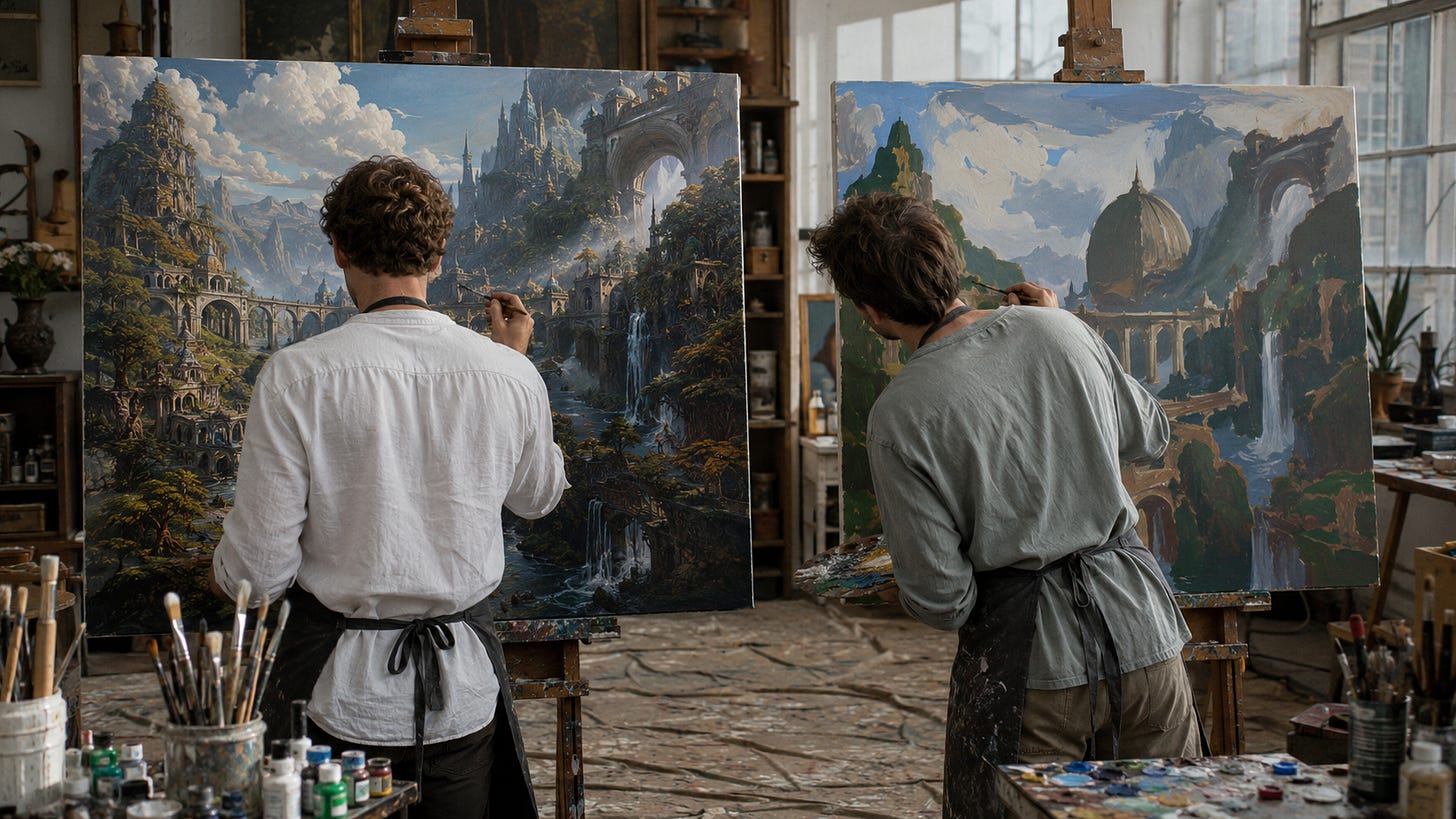Two painters work side by side, with one creating an intricate masterpiece while the other produces a crude imitation by copying it.