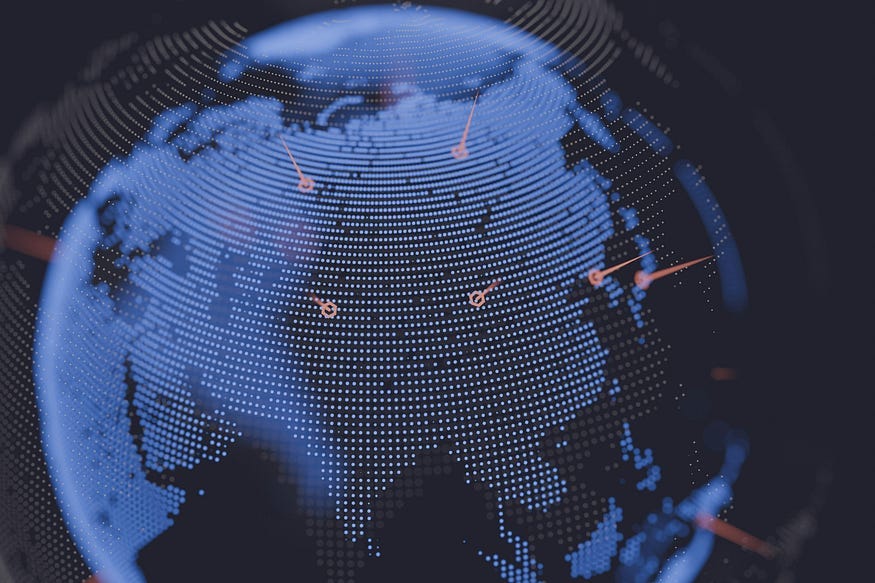 A digital map of the globe focused on Asia (India, China, and Russia) and formed out of blue dots.