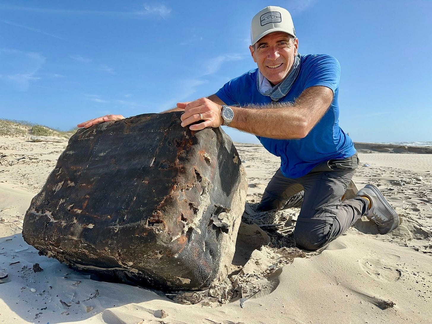 This rubber bale came from a German ship sunk off the coast of Brazil in World War II. The Gulf Loop Current brought it to Padre Island. This rubber bale came from a German ship sunk off the coast of Brazil in World War II. The Gulf Loop Current brought it to Padre Island.
