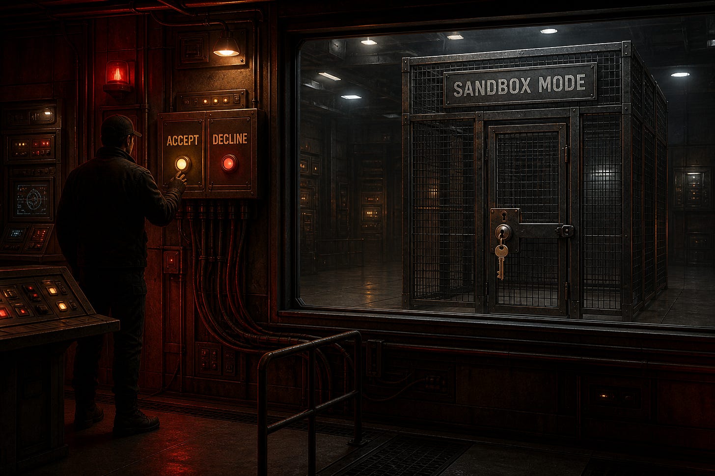 A person at an ACCEPT / DECLINE panel. A locked SANDBOX MODE cage sits behind glass with its own key. A person at an ACCEPT / DECLINE panel. A locked SANDBOX MODE cage sits behind glass with its own key.