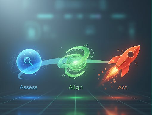 A simple diagram showing three connected boxes: 1. Assess -> 2. Align -> 3. Act