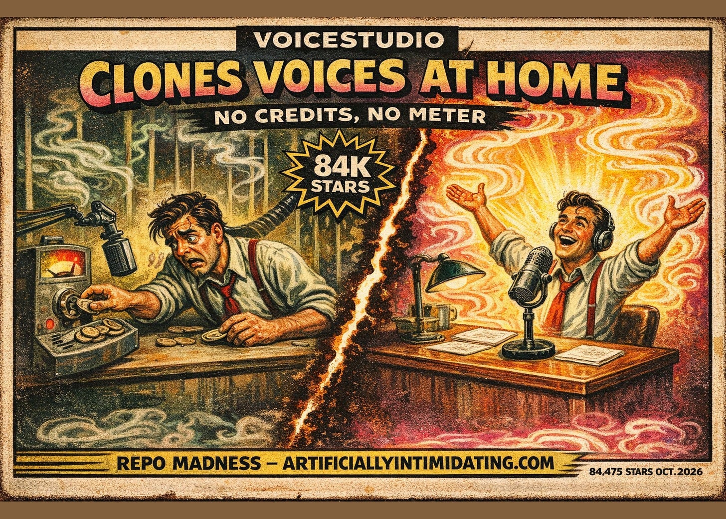 Vintage postcard poster. Left: a tired narrator feeding coins into a meter beside his microphone. Right: a cheerful narrator with headphones at a home desk, arms wide. Text: VoiceStudio, clones voices at home.