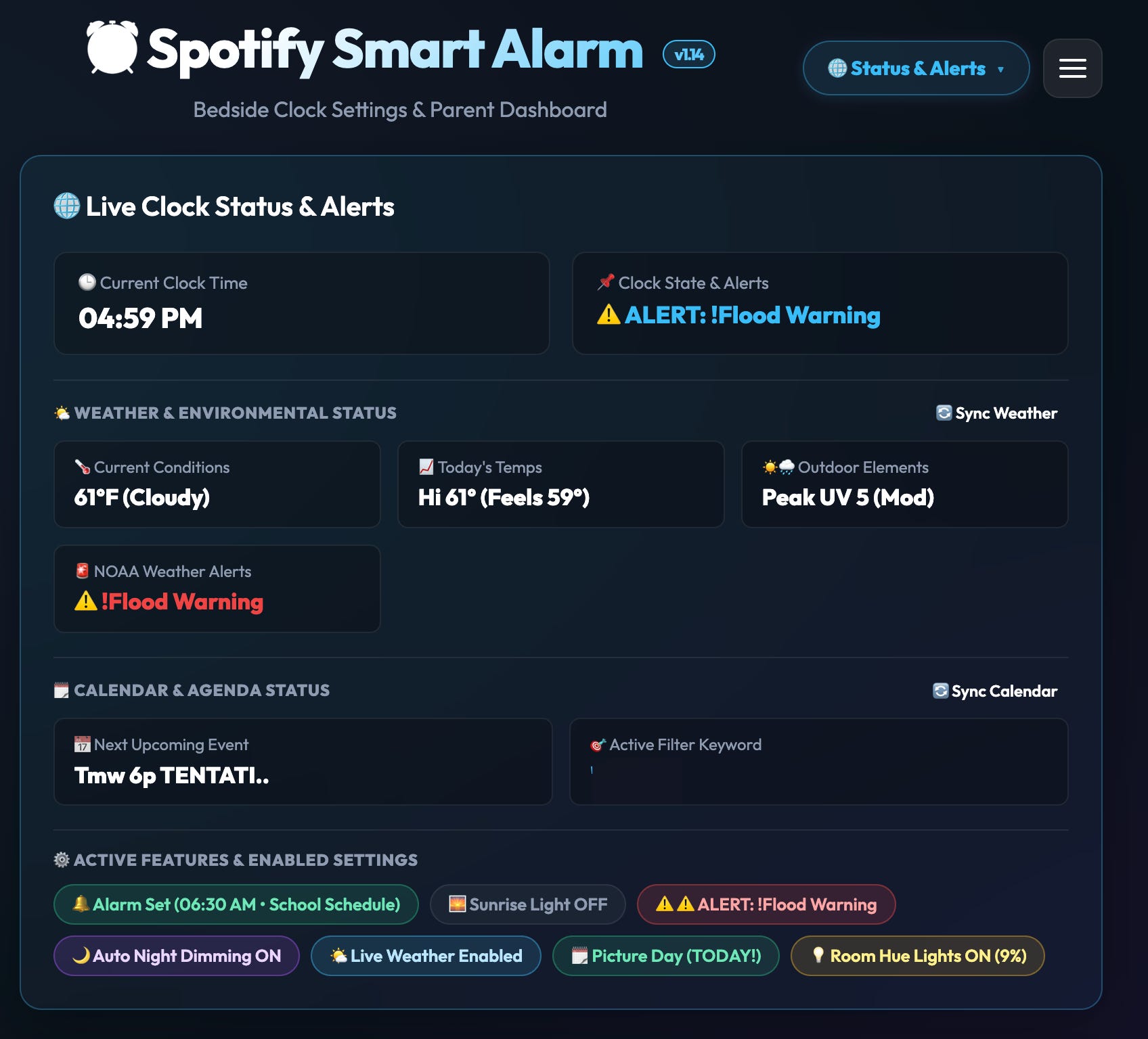 The parent web dashboard with sunrise simulation and school calendar integration