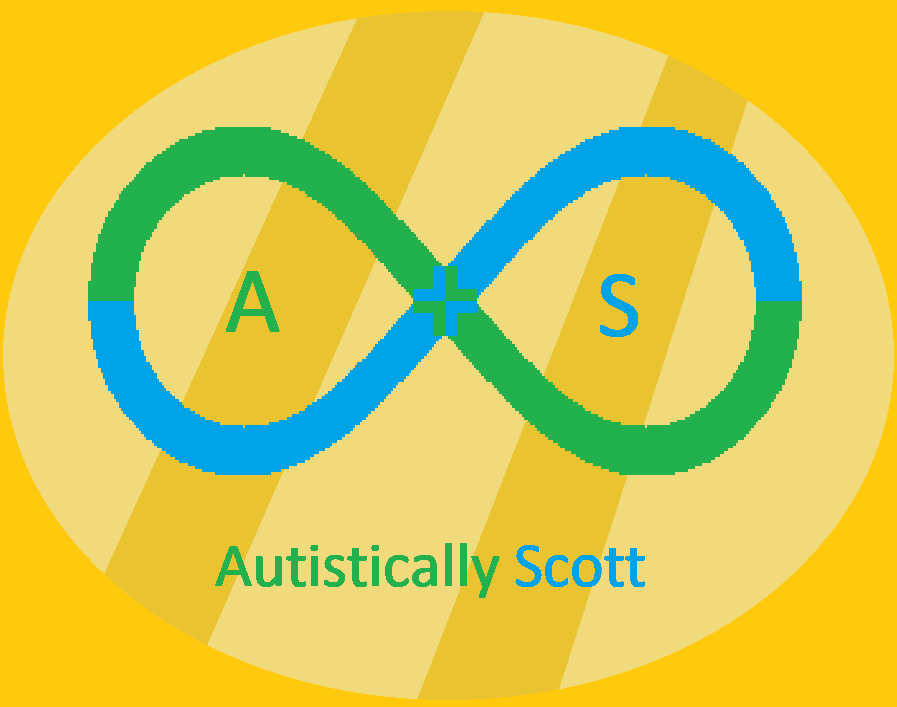 Autistically Scott's logo. A green and blue infinity sign on a yellow background.
