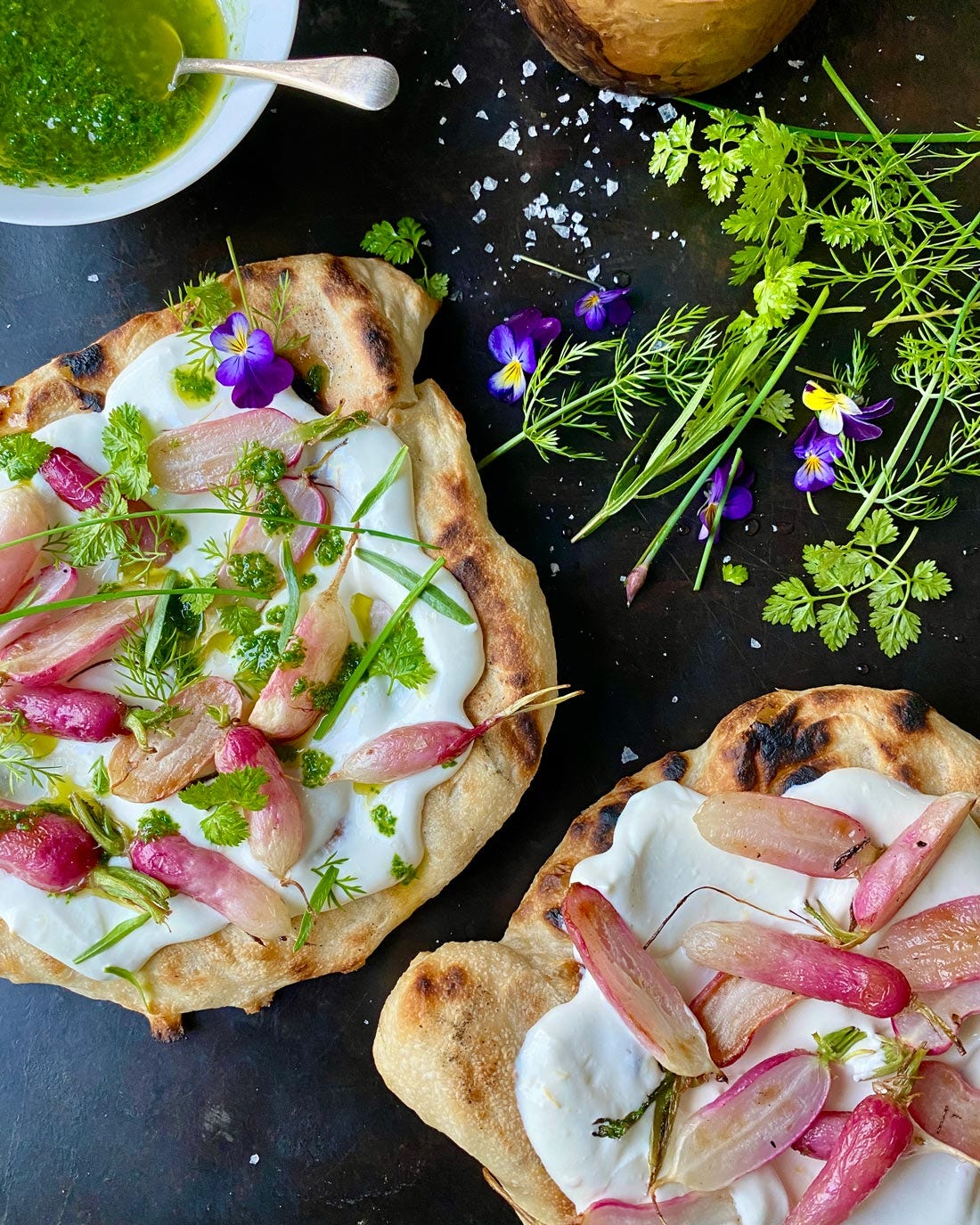 Pitza Ricolet Grilled Pizzettes with Whipped Ricotta and Roasted Radishes