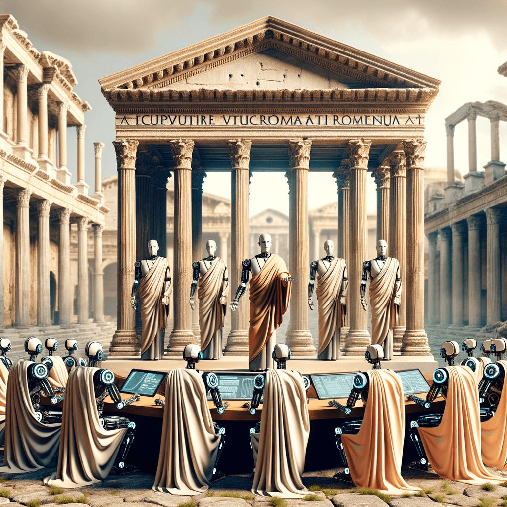 Robot publicly speaking in Forum Romanum of Ancient Rome Robot publicly speaking in Forum Romanum of Ancient Rome