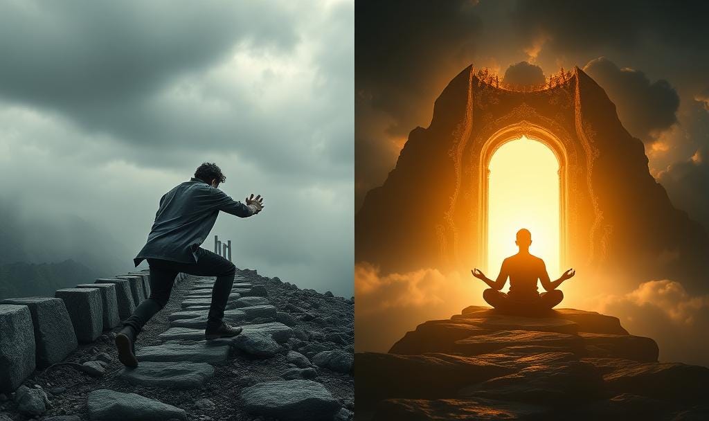 Split composition showing two paths: On the left, a person struggling to push against external obstacles and barriers in a grey, difficult landscape. On the right, the same person sitting peacefully in meditation with a glowing inner light
