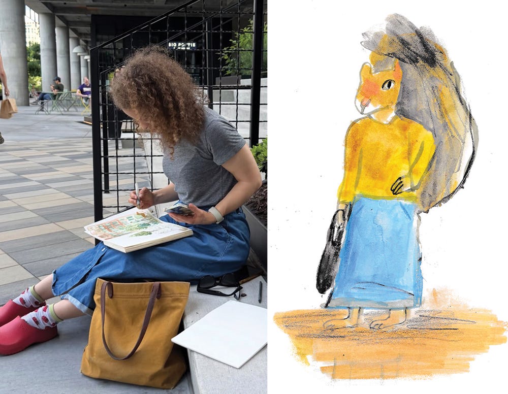 Beth Spencer sketching next to squirrel Beth illustrated Beth Spencer sketching next to squirrel Beth illustrated