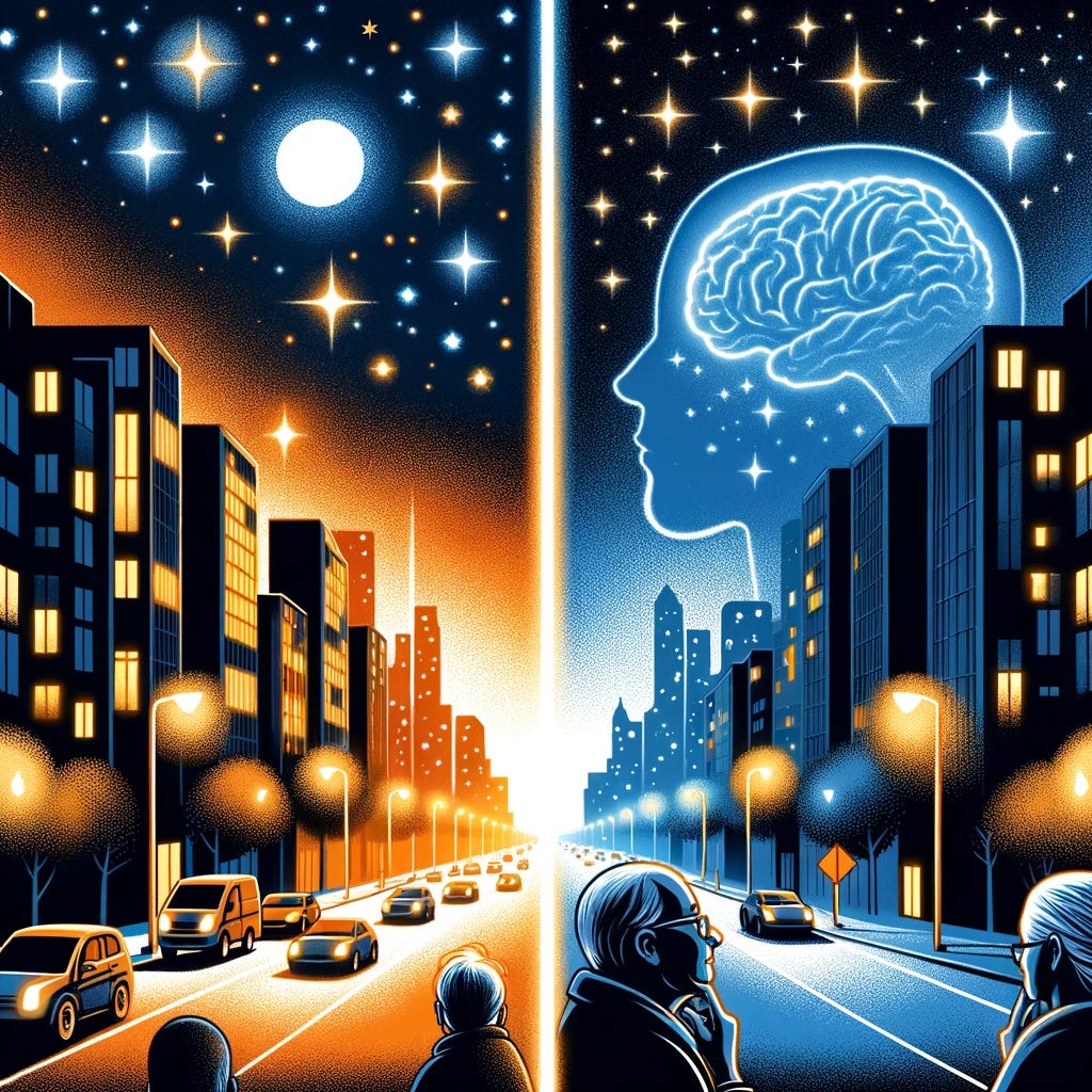 An illustration depicting the impact of nighttime light pollution on Alzheimer's disease risk. The scene shows a split view of a city at night: one side with bright, artificial outdoor lighting from streetlights and buildings, highlighting a sense of overwhelming light pollution, and the other side with a darker, more natural night sky, showing stars and reduced artificial lighting. In the background, silhouettes of elderly individuals with thoughtful expressions symbolize the link between light exposure and cognitive health. The image should evoke a contrast between the bright, disruptive city lights and a calmer, more natural nighttime environment, emphasizing the study's findings on Alzheimer's risk.