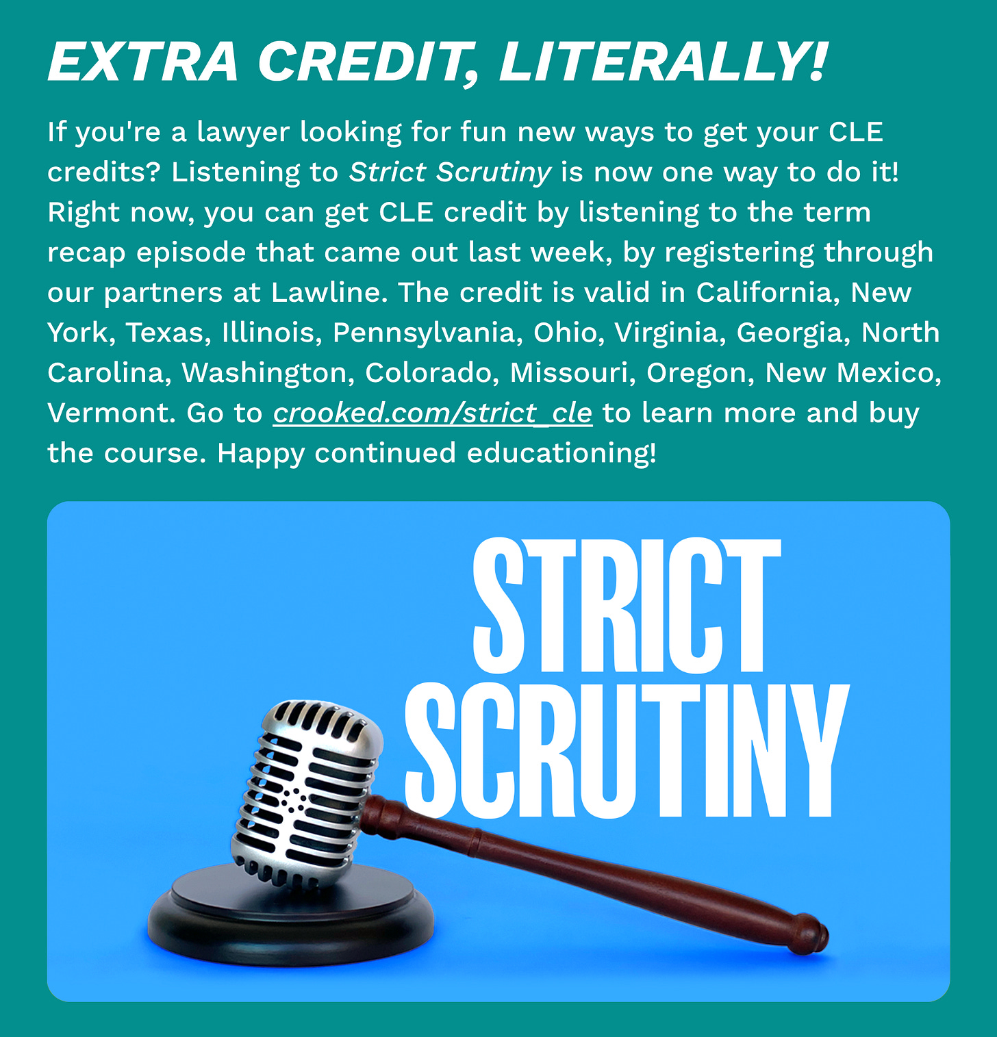 An ad for Strict Scrutiny CLE