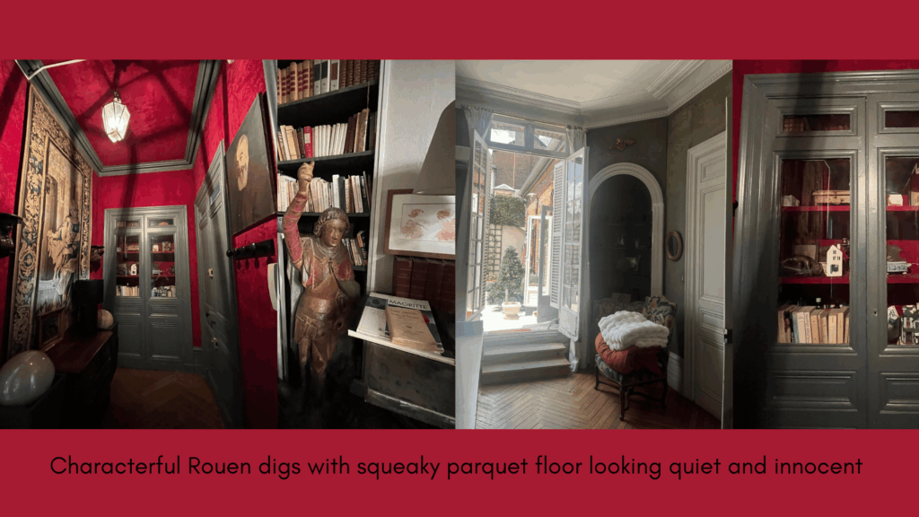 Composite image of richly decorated interior of Rouen apartment with felt walls, curio cabinets, books and a view of parquet floor and garden Composite image of richly decorated interior of Rouen apartment with felt walls, curio cabinets, books and a view of parquet floor and garden