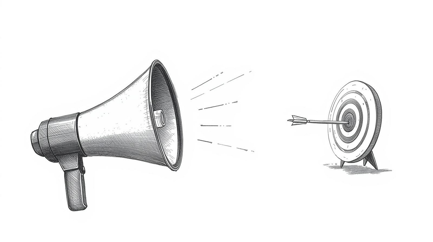 Megaphone shouting broadly versus precise arrow hitting targeted bullseye