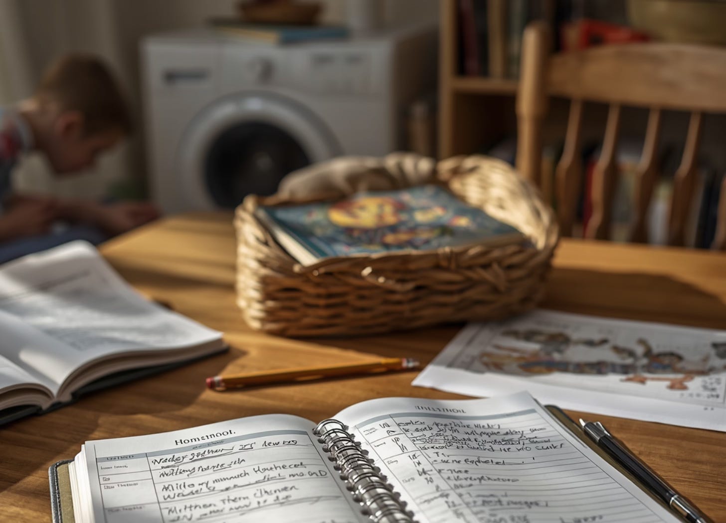an open homeschool planner on a kitchen table with handwritten notes, a pencil, library books, a laundry basket in the background, and a child’s drawing nearby, an open homeschool planner on a kitchen table with handwritten notes, a pencil, library books, a laundry basket in the background, and a child’s drawing nearby,