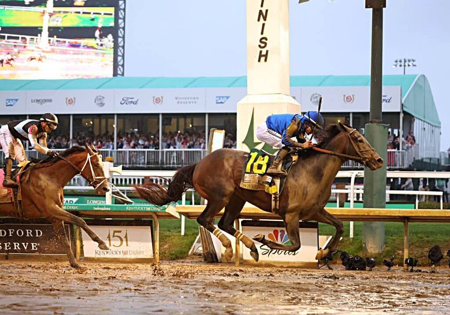 LOUISVILLE, KY - MAY 03: Sovereignty, with jockey Junior Alvarado aboard, ahead of Journalism, with jockey Umberto Rispoli aboard, wins the 151st running of the Kentucky Derby on May 3, 2025, at Churchill Downs in Louisville, Ky. (Photo by Jeff Moreland/Icon Sportswire via Getty Images)