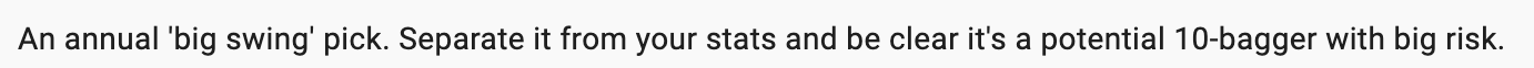 Beating The Tide subscriber survey feedback suggesting an annual “big swing” stock pick, clearly labeled as a high-risk potential 10-bagger opportunity separate from the main portfolio stats